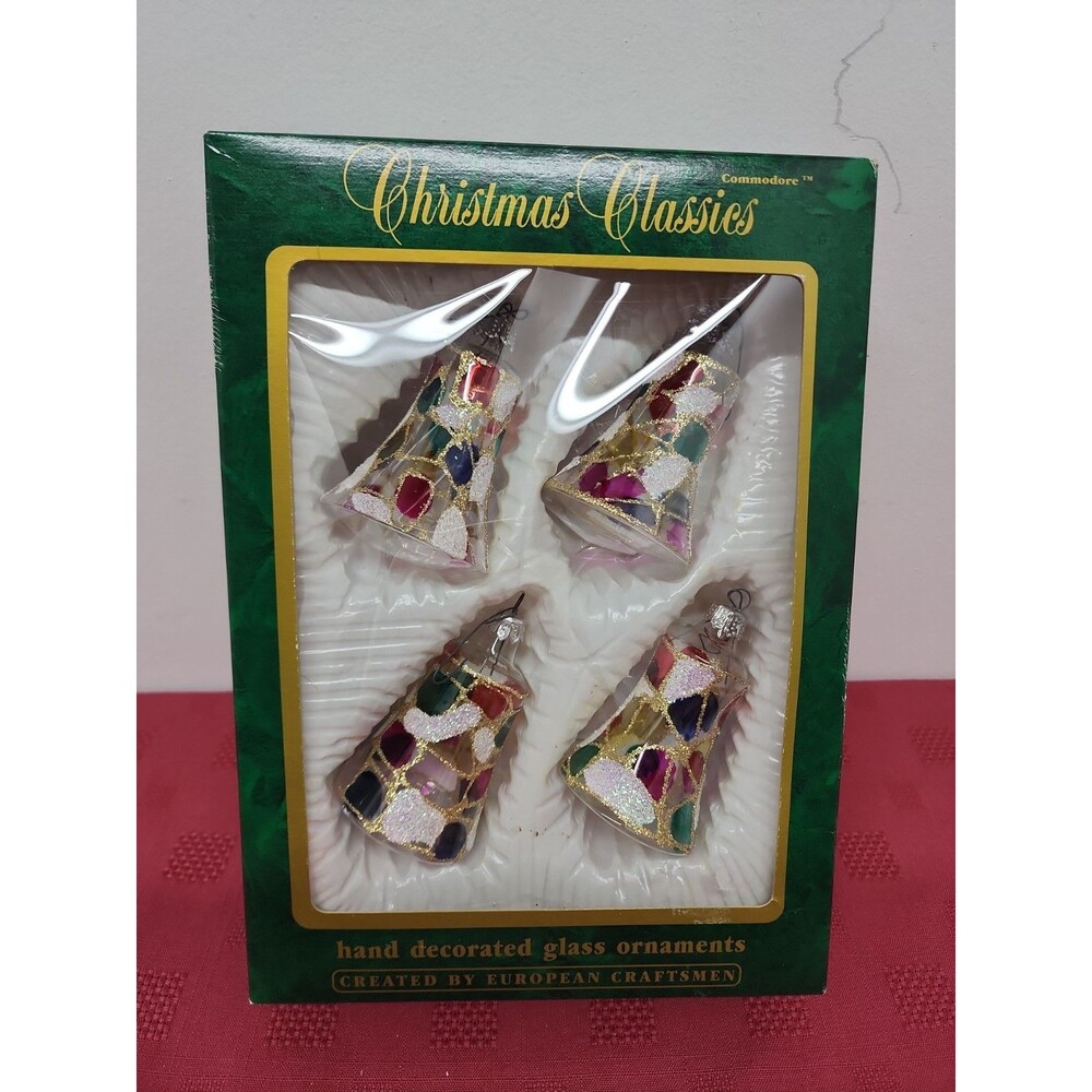 VTG Commodore Christmas Classics Hand Decorated 4 Glass Bell Teardrop Ornaments